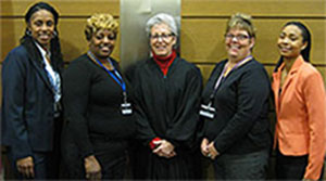 (l to r): Coordinator June Benson, Mentor Michele Owens, President Judge Jan R. Jurden, Mentor Peggy Brennan, Mentor Brittani Shells