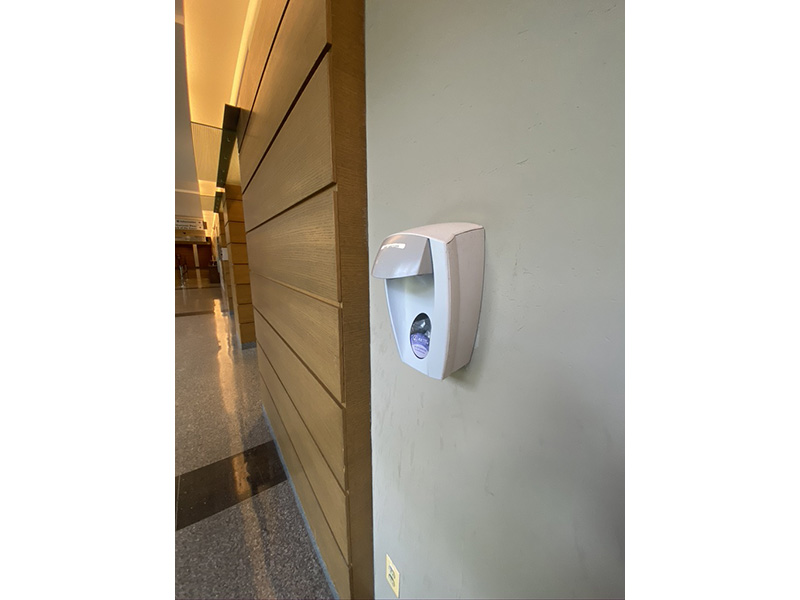 Hand sanitizer stations are available throughout the building and in courtrooms