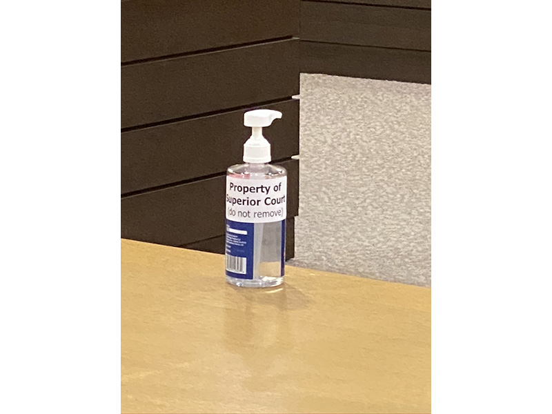 Hand sanitizer stations are available throughout the building and in courtrooms